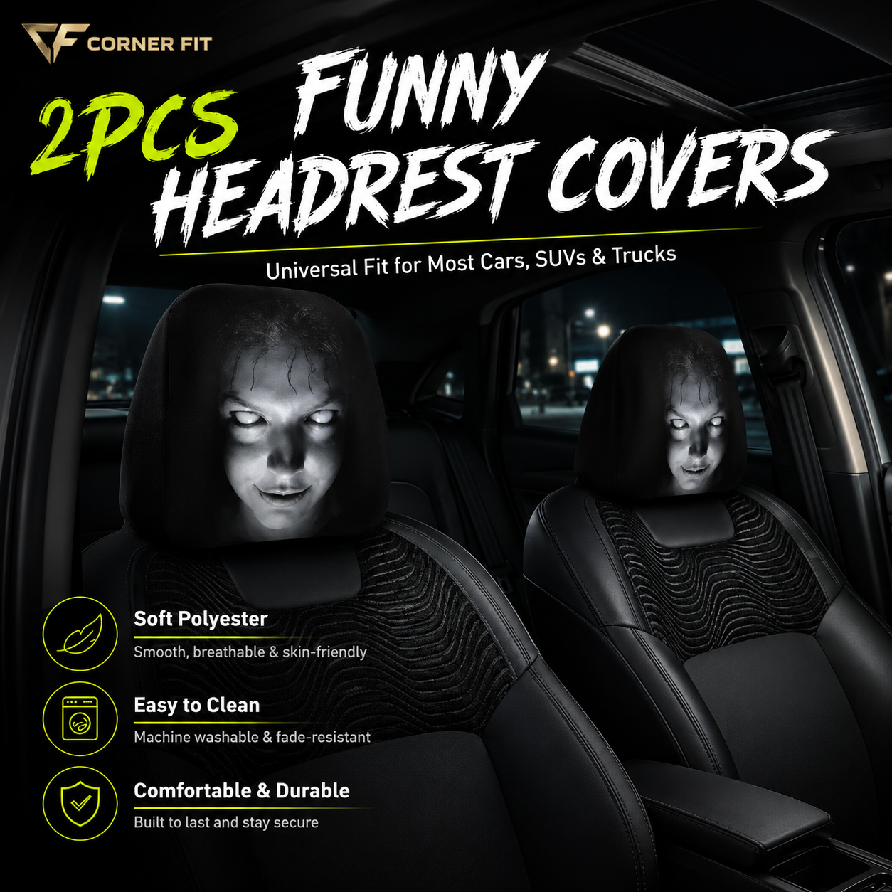 Funny Cartoon Car Headrest Covers – 2PCS Universal Fit