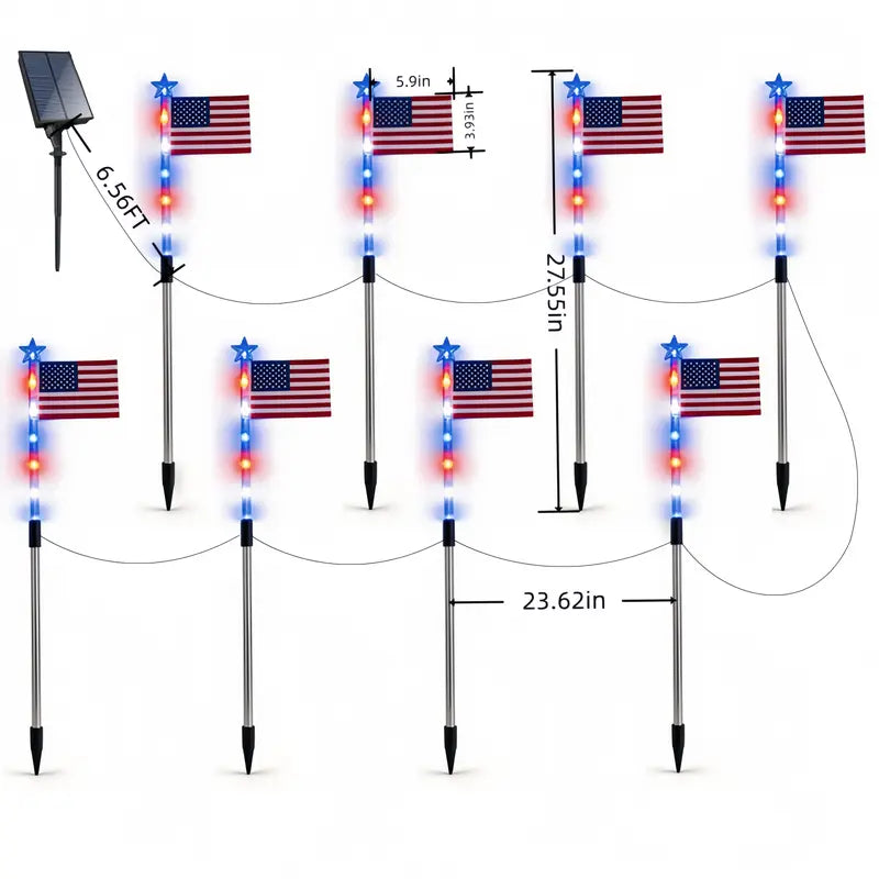 8-Piece Flag Light Set – 4th of July Decorations with 8 Lighting Modes – Ideal for Independence Day Pathways, Gardens, and Yard Decor