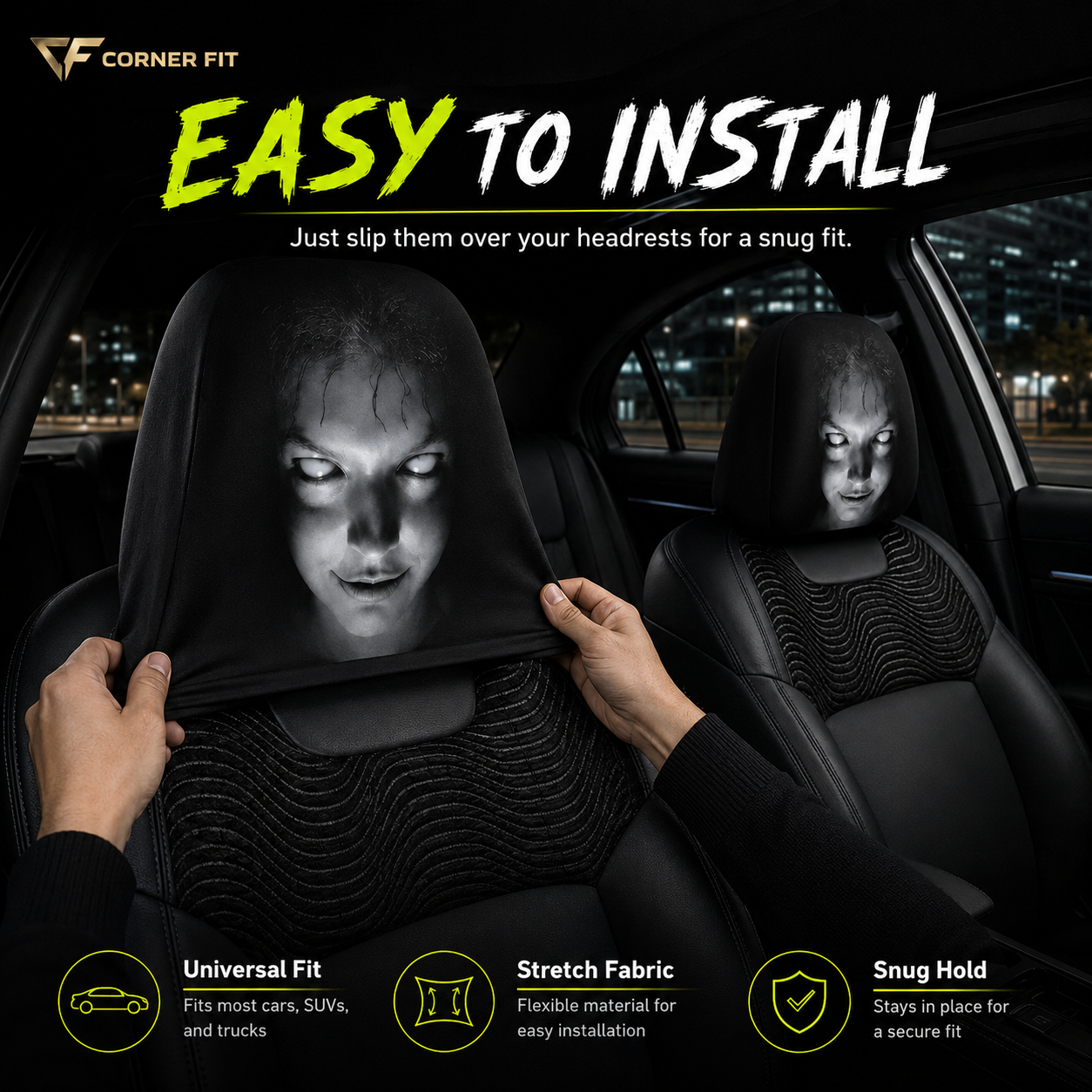 Funny Cartoon Car Headrest Covers – 2PCS Universal Fit