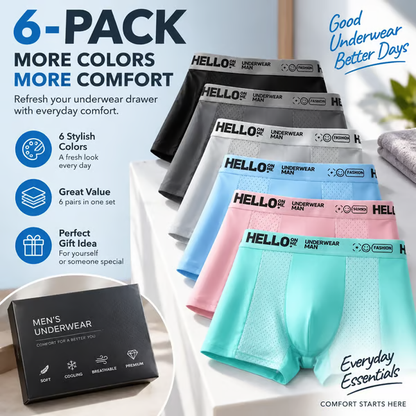 🧊 Men's Boxer Shorts Made from Cooling Ice-Silk Fabric (6-Pack) | Breathable, Comfortable Underwear with Mesh Panels